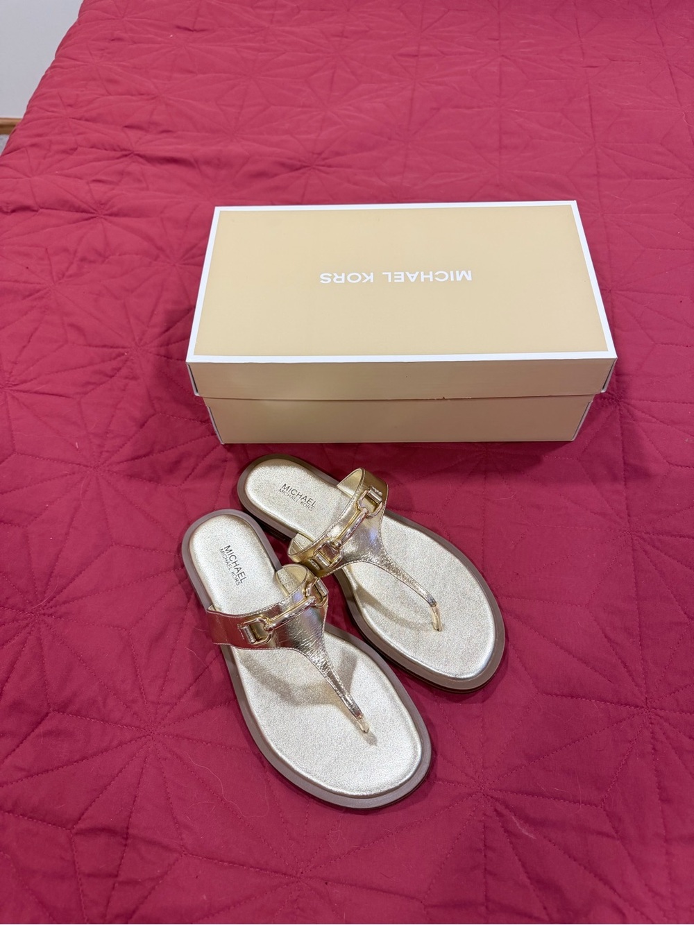 Michael Kors Gold Metallic T-Strap Flip Sandals